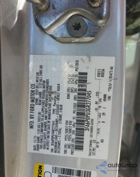 2016 Ford Fusion Se Phev z USA, uszkodzony, nr VIN 3FA6P0PU3GR277045